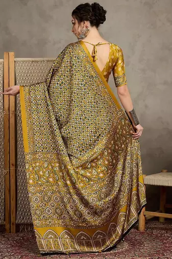 Mustard floral ajrak printed  crepe block print saree