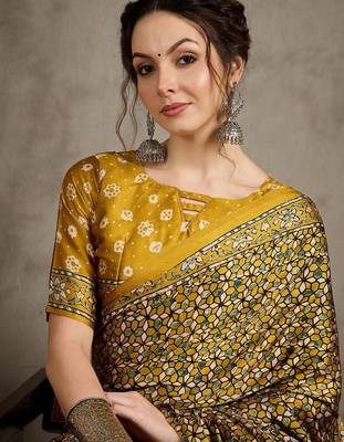Mustard floral ajrak printed  crepe block print saree 4