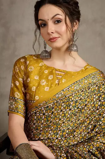 Mustard floral ajrak printed  crepe block print saree