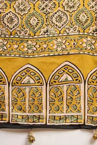 Mustard floral ajrak printed  crepe block print saree
