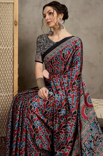 Black floral ajrak printed  crepe saree