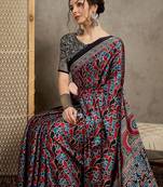 Black floral ajrak printed  crepe saree