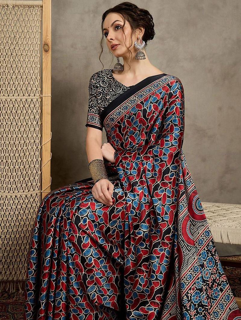 Black floral ajrak printed  crepe saree
