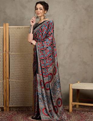 Black floral ajrak printed  crepe saree 2