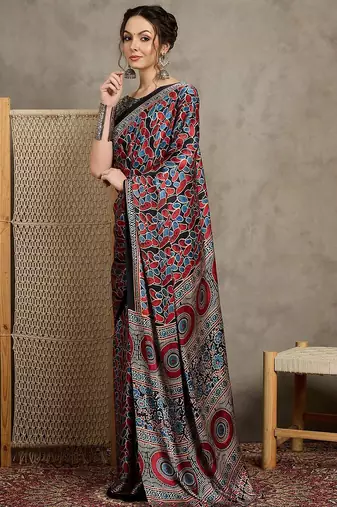 Black floral ajrak printed  crepe saree
