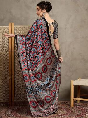 Black floral ajrak printed  crepe saree 3