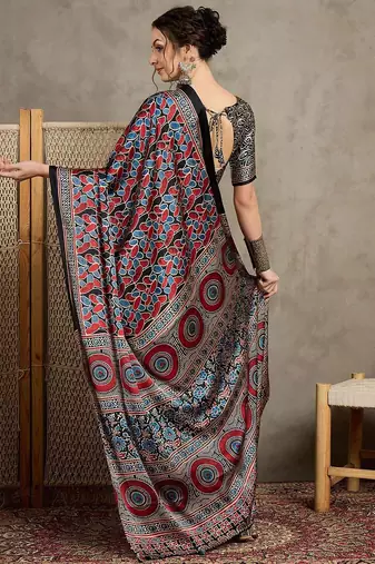 Black floral ajrak printed  crepe saree
