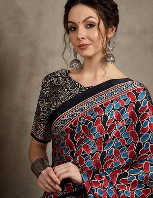 Black floral ajrak printed  crepe saree 4