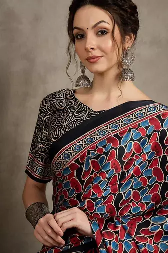 Black floral ajrak printed  crepe saree