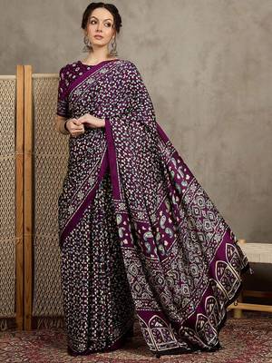 Magenta women modal ajrak block  crepe block print saree with blouse piece 1