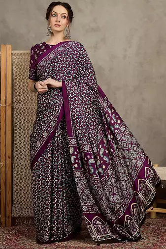 Magenta women modal ajrak block  crepe block print saree with blouse piece