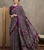 Magenta women modal ajrak block  crepe block print saree with blouse piece