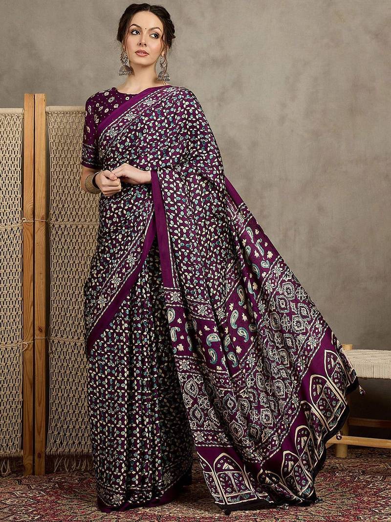 Magenta women modal ajrak block  crepe block print saree with blouse piece