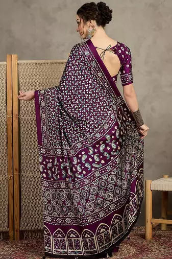 Magenta women modal ajrak block  crepe block print saree with blouse piece