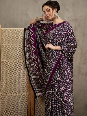 Magenta women modal ajrak block  crepe block print saree with blouse piece 3