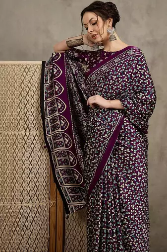 Magenta women modal ajrak block  crepe block print saree with blouse piece