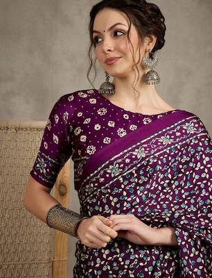 Magenta women modal ajrak block  crepe block print saree with blouse piece 4