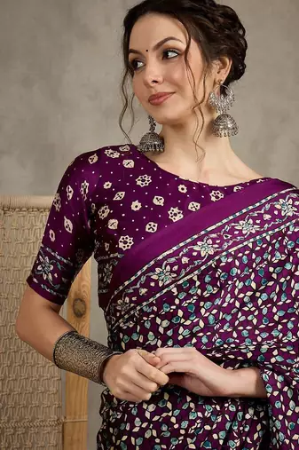 Magenta women modal ajrak block  crepe block print saree with blouse piece