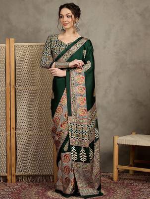 Green women floral ajrak  crepe block print saree 1