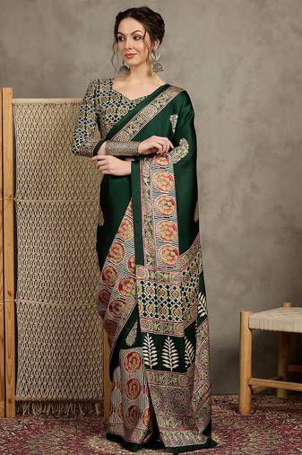 Green women floral ajrak  crepe block print saree