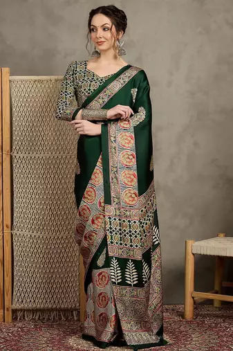 Green women floral ajrak  crepe block print saree