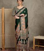 Green women floral ajrak  crepe block print saree