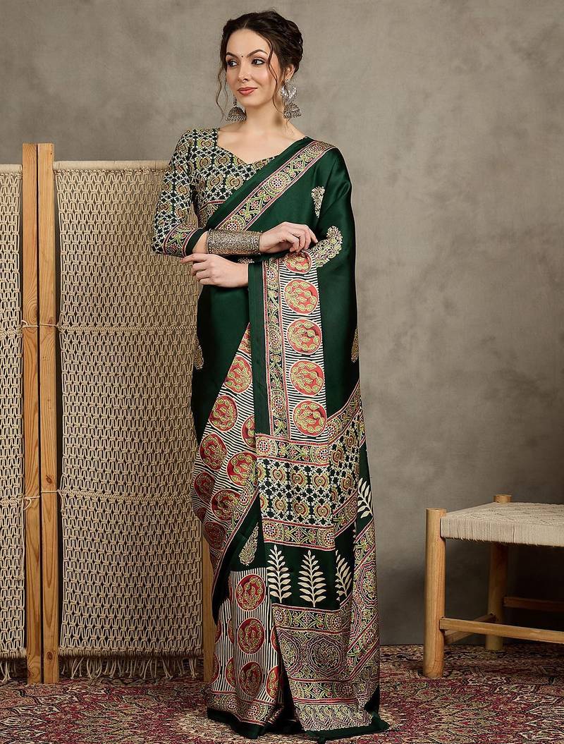Green women floral ajrak  crepe block print saree