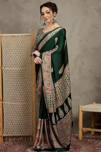 Green women floral ajrak  crepe block print saree