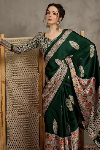 Green women floral ajrak  crepe block print saree