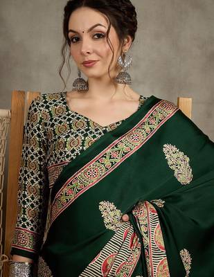 Green women floral ajrak  crepe block print saree 4