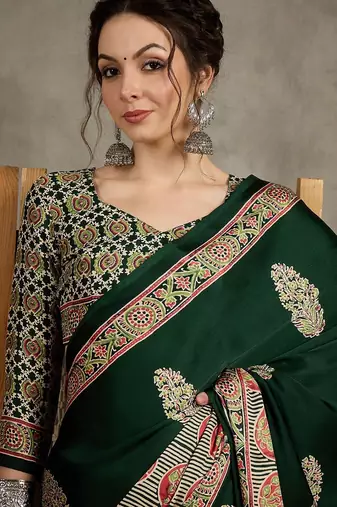 Green women floral ajrak  crepe block print saree