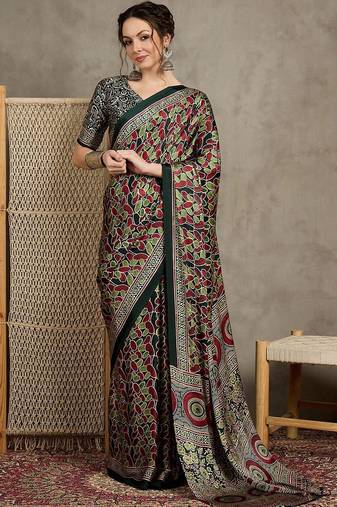 Green floral ajrak printed  crepe block print saree