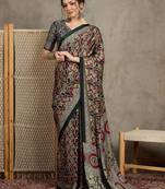 Green floral ajrak printed  crepe block print saree