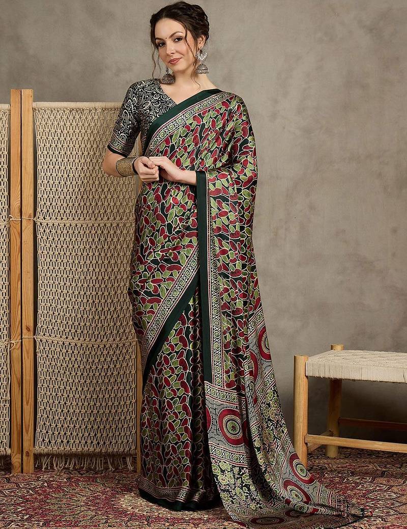 Green floral ajrak printed  crepe block print saree