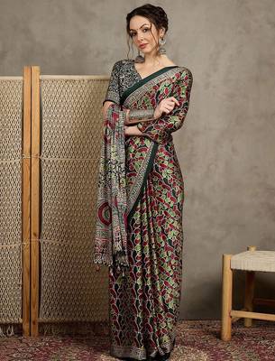 Green floral ajrak printed  crepe block print saree 2