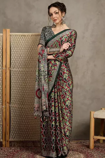 Green floral ajrak printed  crepe block print saree