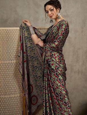 Green floral ajrak printed  crepe block print saree 3
