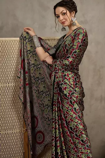 Green floral ajrak printed  crepe block print saree