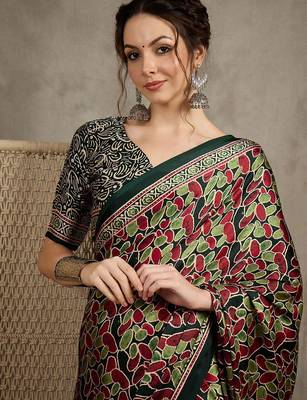 Green floral ajrak printed  crepe block print saree 4