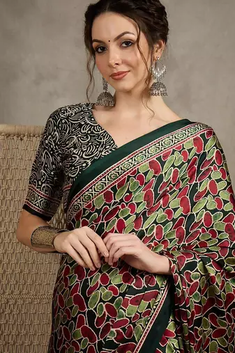 Green floral ajrak printed  crepe block print saree