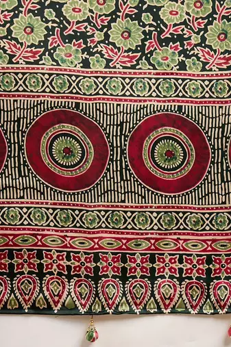 Green floral ajrak printed  crepe block print saree