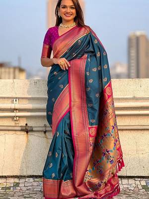 Green woven design zari silk blend paithani saree 1