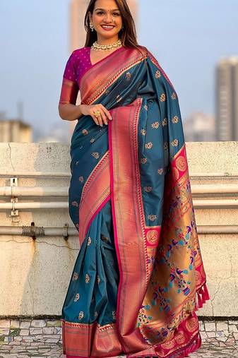 Green woven design zari silk blend paithani saree