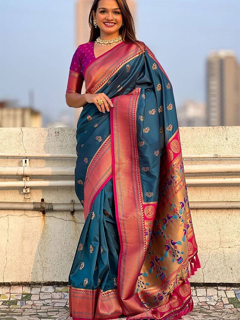 Green woven design zari silk blend paithani saree