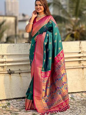 Green woven design zari silk blend paithani saree 2