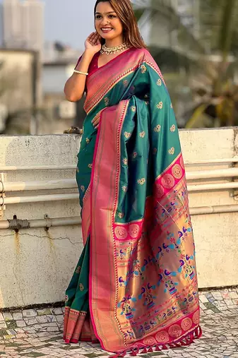 Green woven design zari silk blend paithani saree