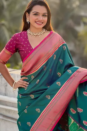 Green woven design zari silk blend paithani saree