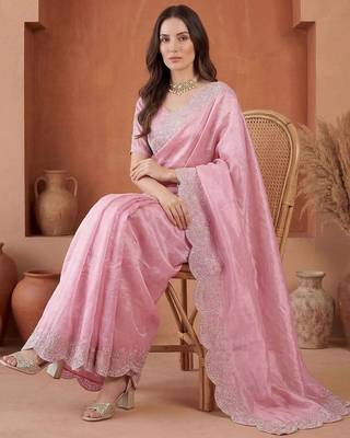 Pink embroidered tissue saree 2