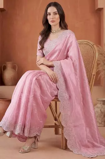 Pink embroidered tissue saree