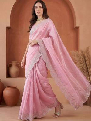 Pink embroidered tissue saree 3